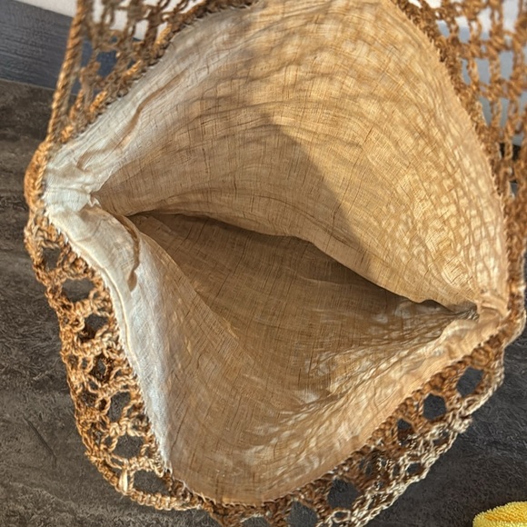 Vintage Crochet Jute Handbag Tan Cream Fabric Lining Double Handles - Picture 4 of 7
